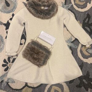 Tahari Faux Fur Collar Dress with Purse